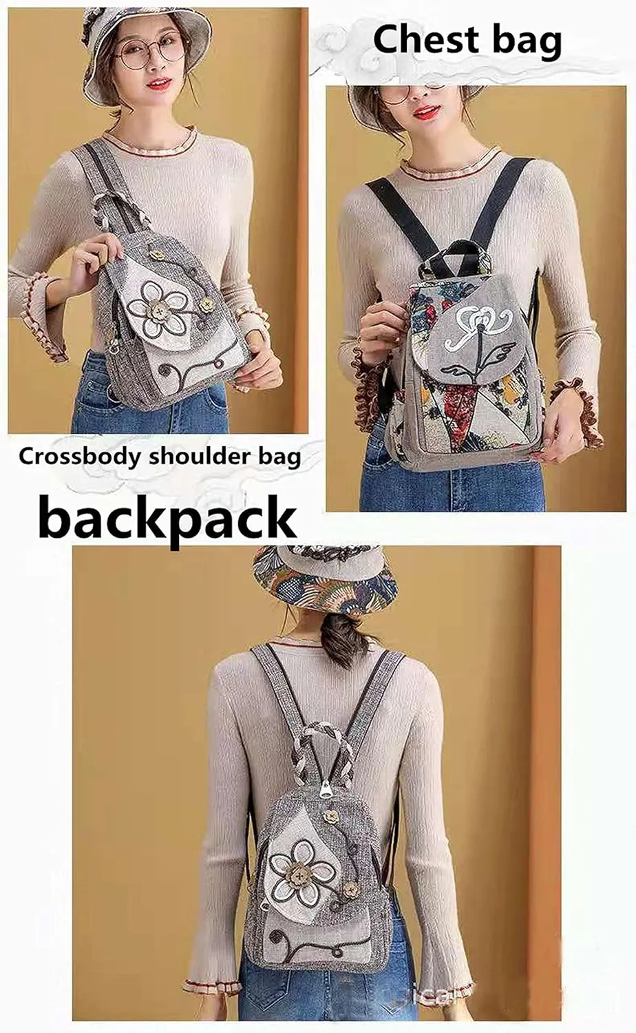 HUANGGUOSHU Ladies Casual Backpack Bohemian Style Hand-woven Morning Glory Disc Buckle Multi-pocket Ladies School Bag and Shoulder Bag Messenger Bag Purse Handbag B097SHHCSW