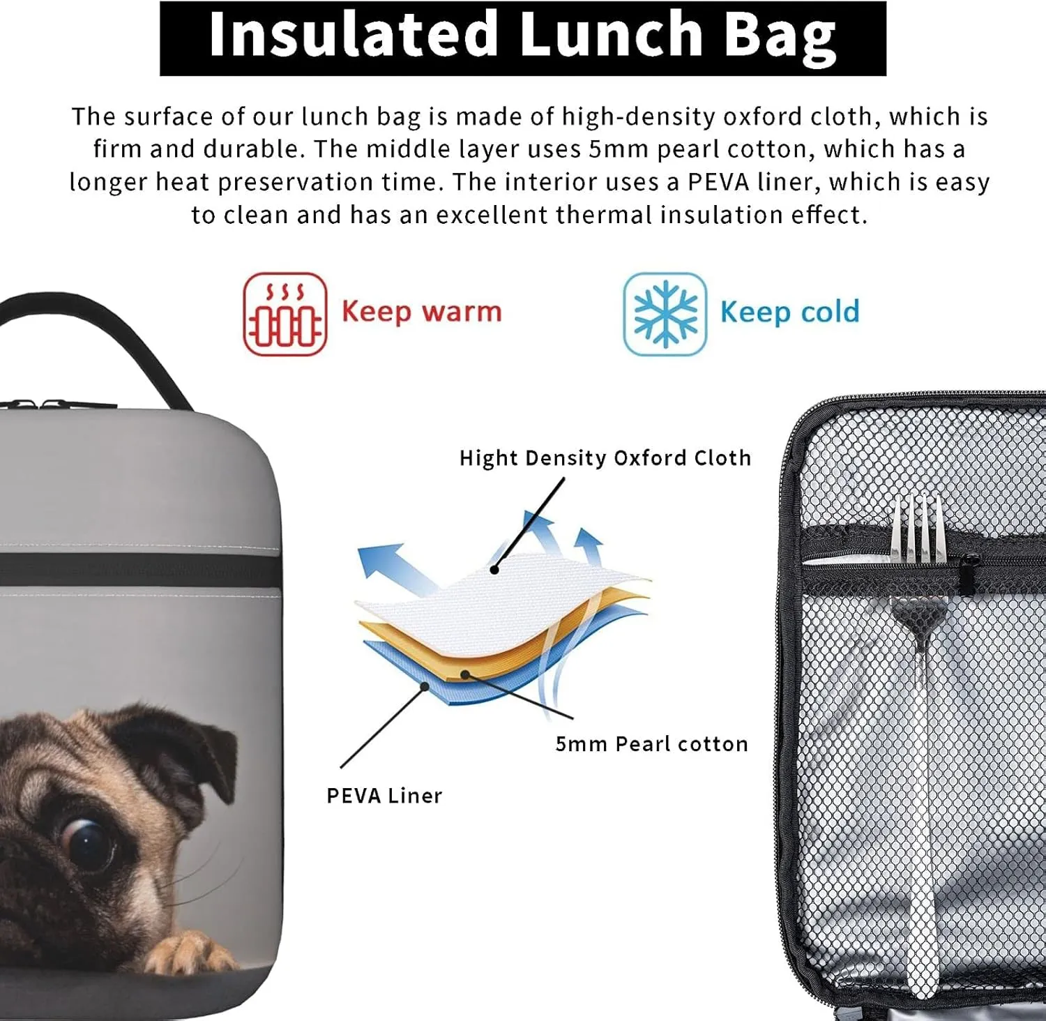 Hungry Pug Dog Lunch Box Insulated Thermal Reusable Lunch Bag Cooler Totes For Men Work Office Picnic Hiking