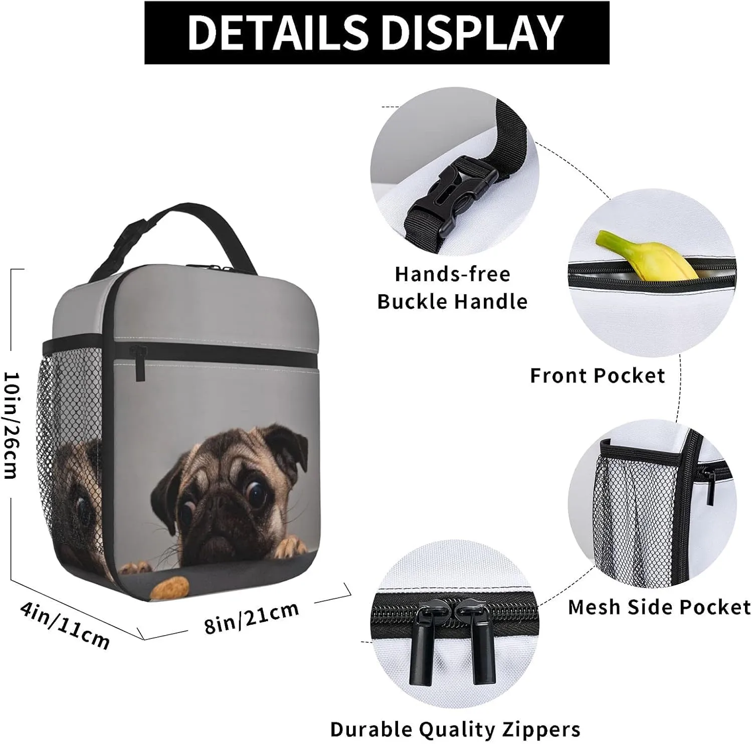 Hungry Pug Dog Lunch Box Insulated Thermal Reusable Lunch Bag Cooler Totes For Men Work Office Picnic Hiking