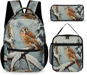 In Snowscape Kestrel Printed Backpack Set Travel Laptop Backpack with Lunch Bag And Pencil Bag