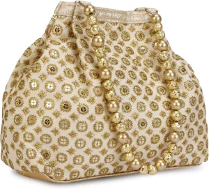 Indian Ethnic Designer Embroidered Silk Potli Bag Batwa Pearls Handle Purse (Golden-3)