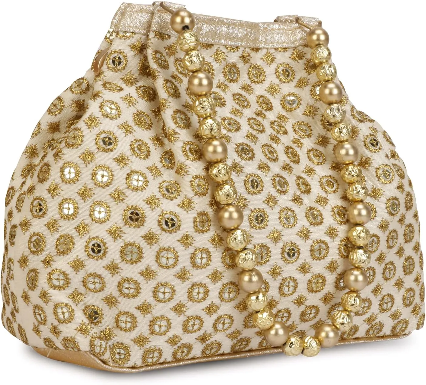 Indian Ethnic Designer Embroidered Silk Potli Bag Batwa Pearls Handle Purse (Golden-3)