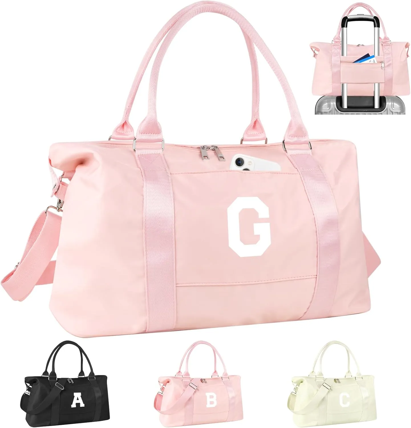 Initial Travel Duffel Bag Sports Gym Bag for Girls Teen Birthday Gifts,Pink Personalized Weekender Bag Carry On Tote Bags for Women Men,Waterproof Overnight Luggage Bag with Trolley Sleeve(Letter G)