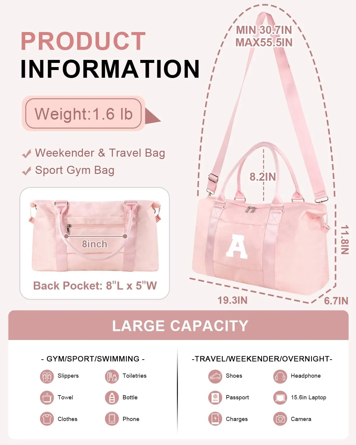 Initial Travel Duffel Bag Sports Gym Bag for Girls Teen Birthday Gifts,Pink Personalized Weekender Carry On Tote Bags for Women Men,Waterproof Overnight Luggage Bag with Trolley Sleeve(Letter A)