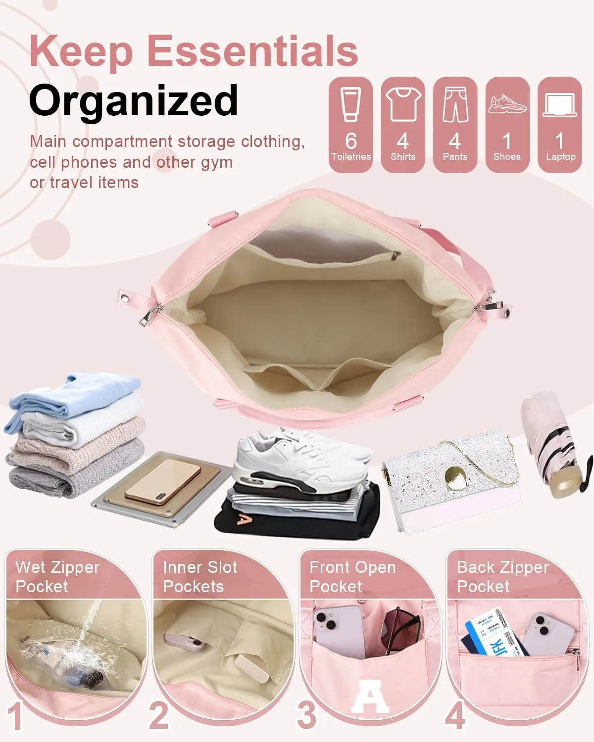Initial Travel Duffel Bag Sports Gym Bag for Girls Teen Birthday Gifts,Pink Personalized Weekender Carry On Tote Bags for Women Men,Waterproof Overnight Luggage Bag with Trolley Sleeve(Letter A)