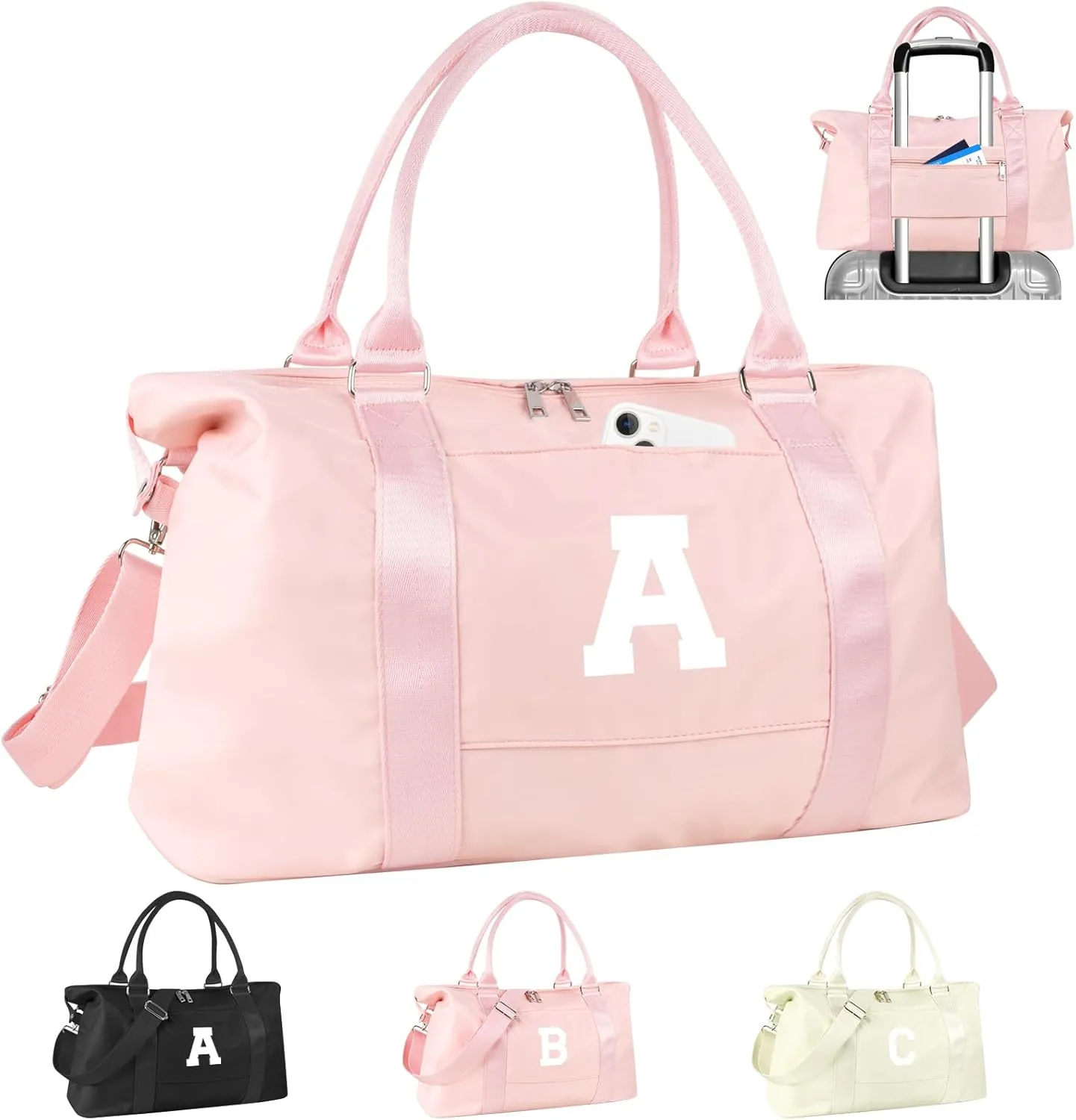 Initial Travel Duffel Bag Sports Gym Bag for Girls Teen Birthday Gifts,Pink Personalized Weekender Carry On Tote Bags for Women Men,Waterproof Overnight Luggage Bag with Trolley Sleeve(Letter A)