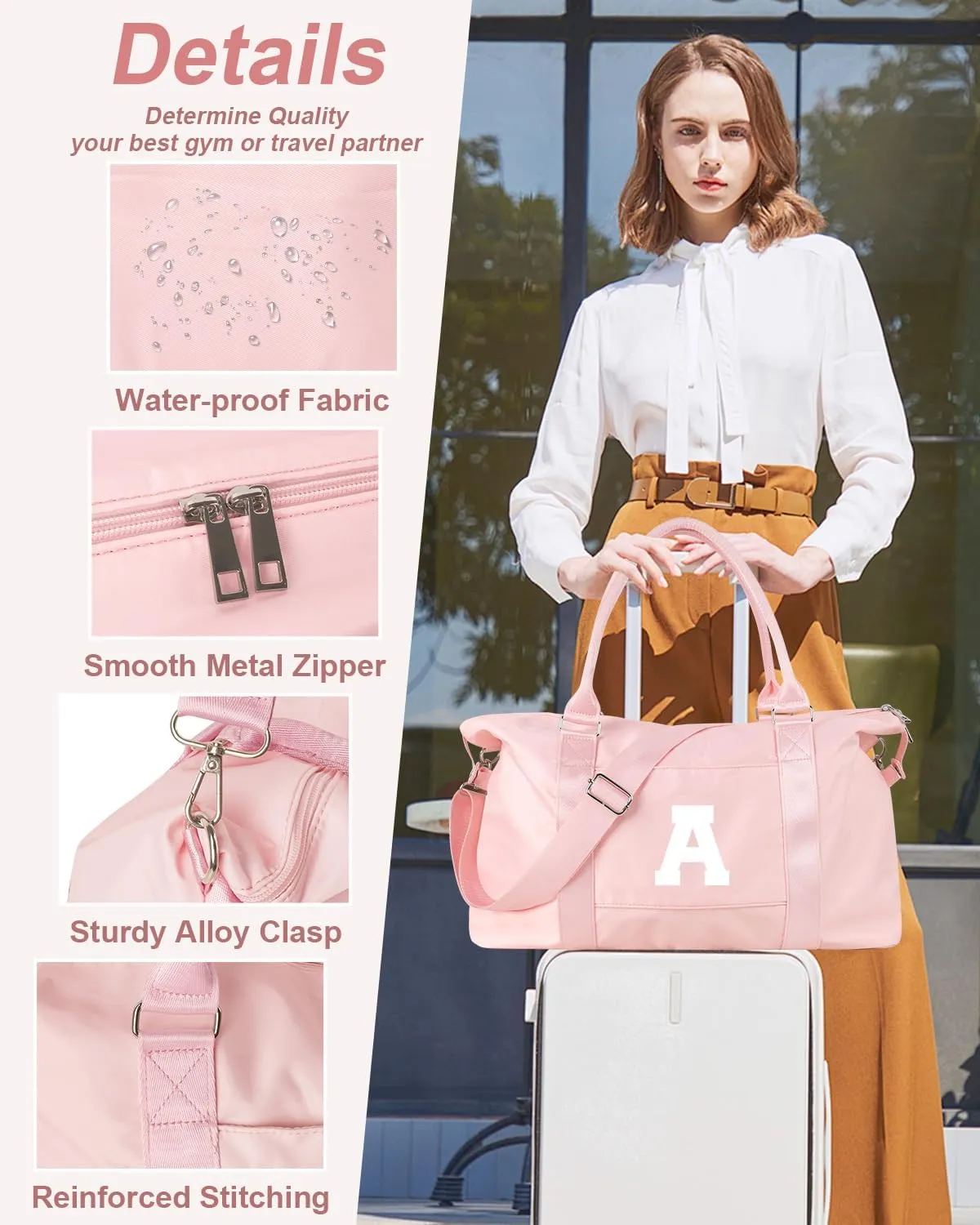 Initial Travel Duffel Bag Sports Gym Bag for Girls Teen Birthday Gifts,Pink Personalized Weekender Carry On Tote Bags for Women Men,Waterproof Overnight Luggage Bag with Trolley Sleeve(Letter A)