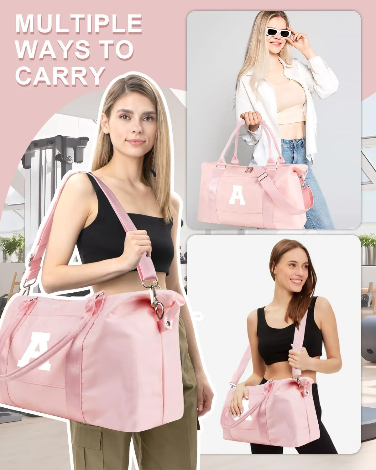 Initial Travel Duffel Bag Sports Gym Bag for Girls Teen Birthday Gifts,Pink Personalized Weekender Carry On Tote Bags for Women Men,Waterproof Overnight Luggage Bag with Trolley Sleeve(Letter A)
