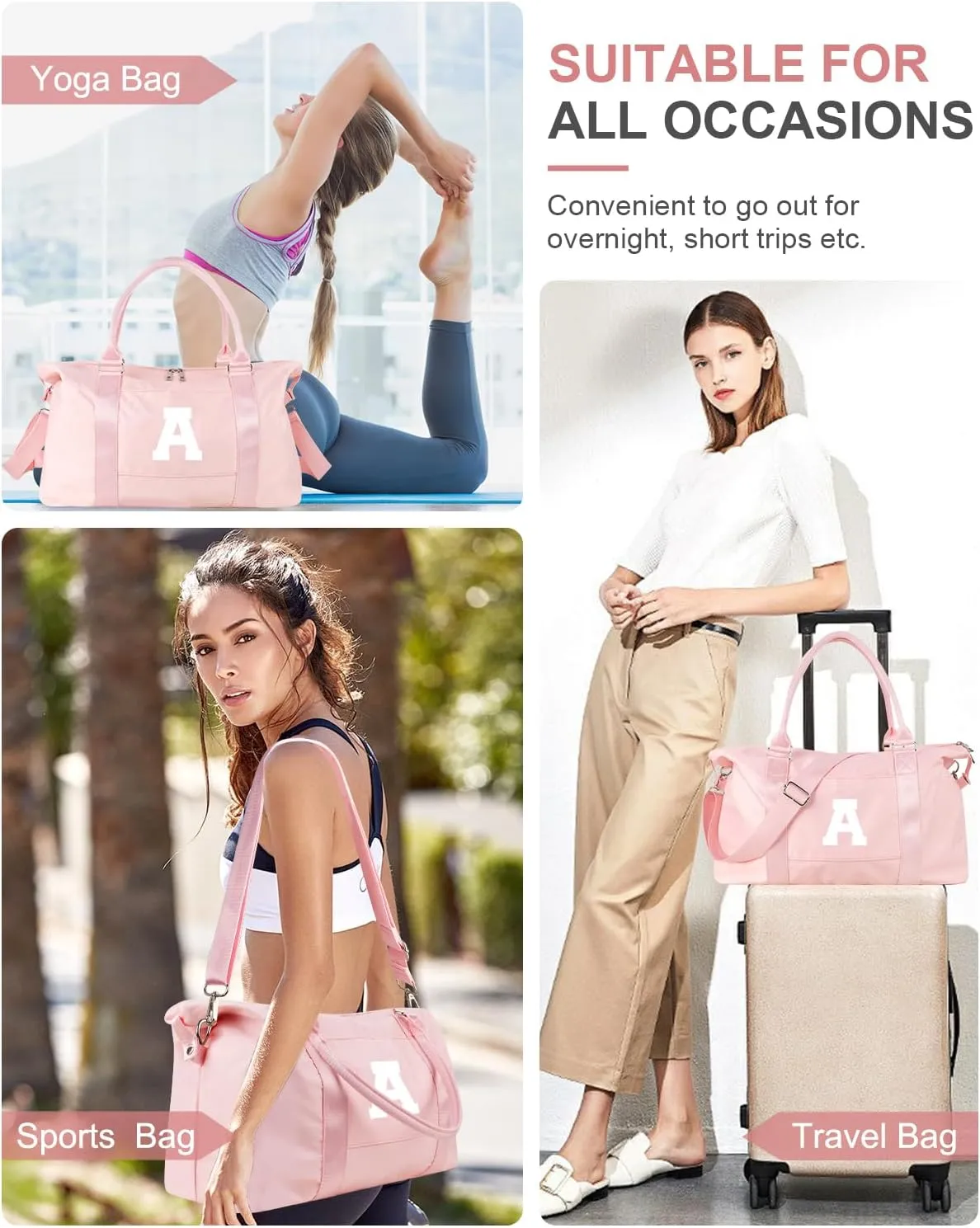 Initial Travel Duffel Bag Sports Gym Bag for Girls Teen Birthday Gifts,Pink Personalized Weekender Carry On Tote Bags for Women Men,Waterproof Overnight Luggage Bag with Trolley Sleeve(Letter A)