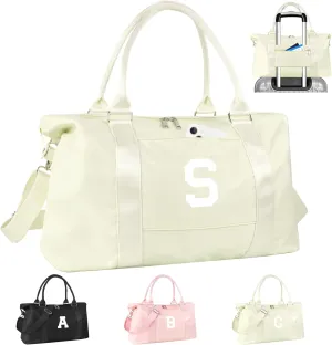 Initial Travel Duffel Bag Sports Gym Bag for Kids Teen Birthday Gifts,Beige Personalized Weekender Bag Carry On Dance Bags for Women Men,Waterproof Monogram Overnight Bag with Trolley Sleeve(Letter S)
