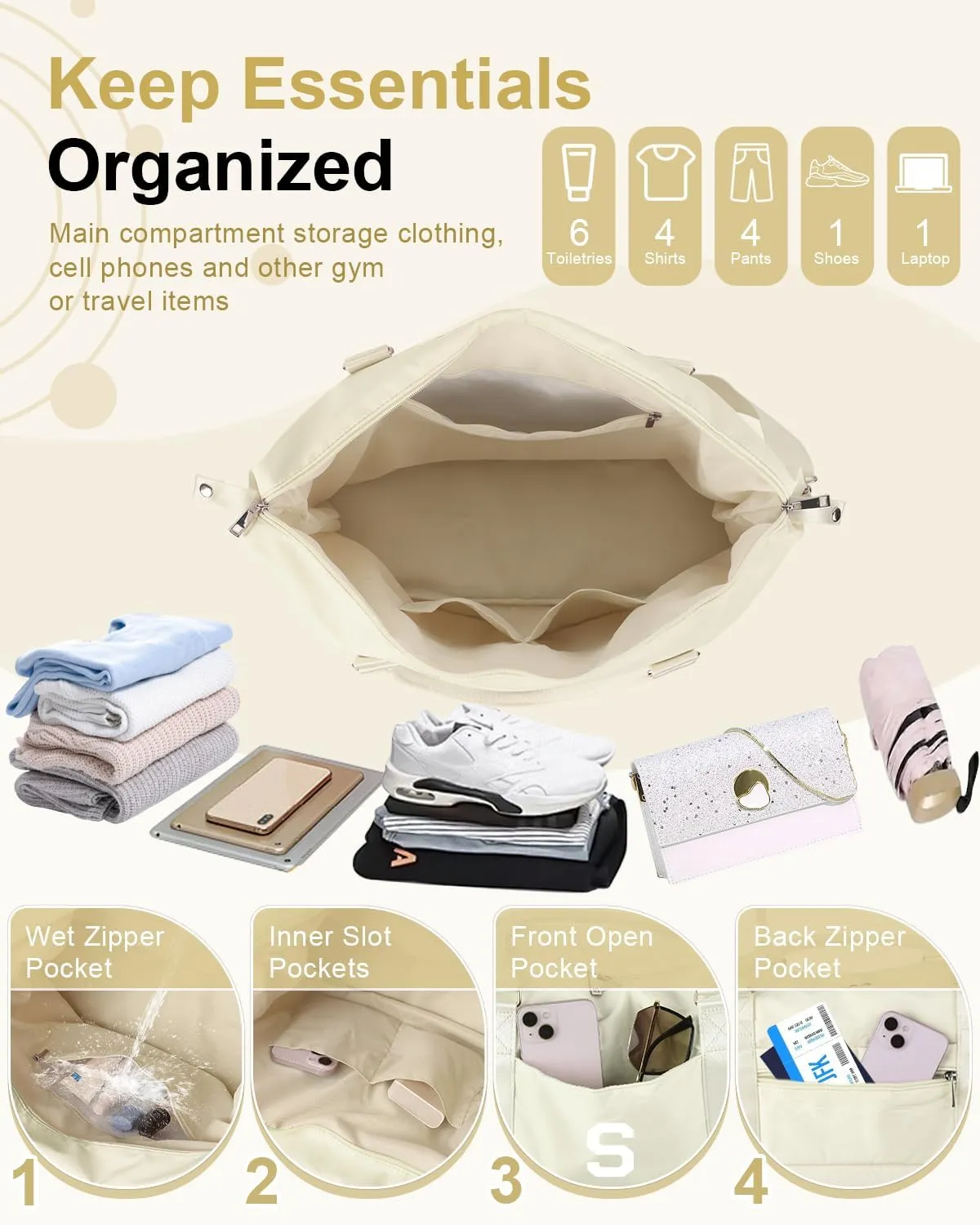 Initial Travel Duffel Bag Sports Gym Bag for Kids Teen Birthday Gifts,Beige Personalized Weekender Bag Carry On Dance Bags for Women Men,Waterproof Monogram Overnight Bag with Trolley Sleeve(Letter S)
