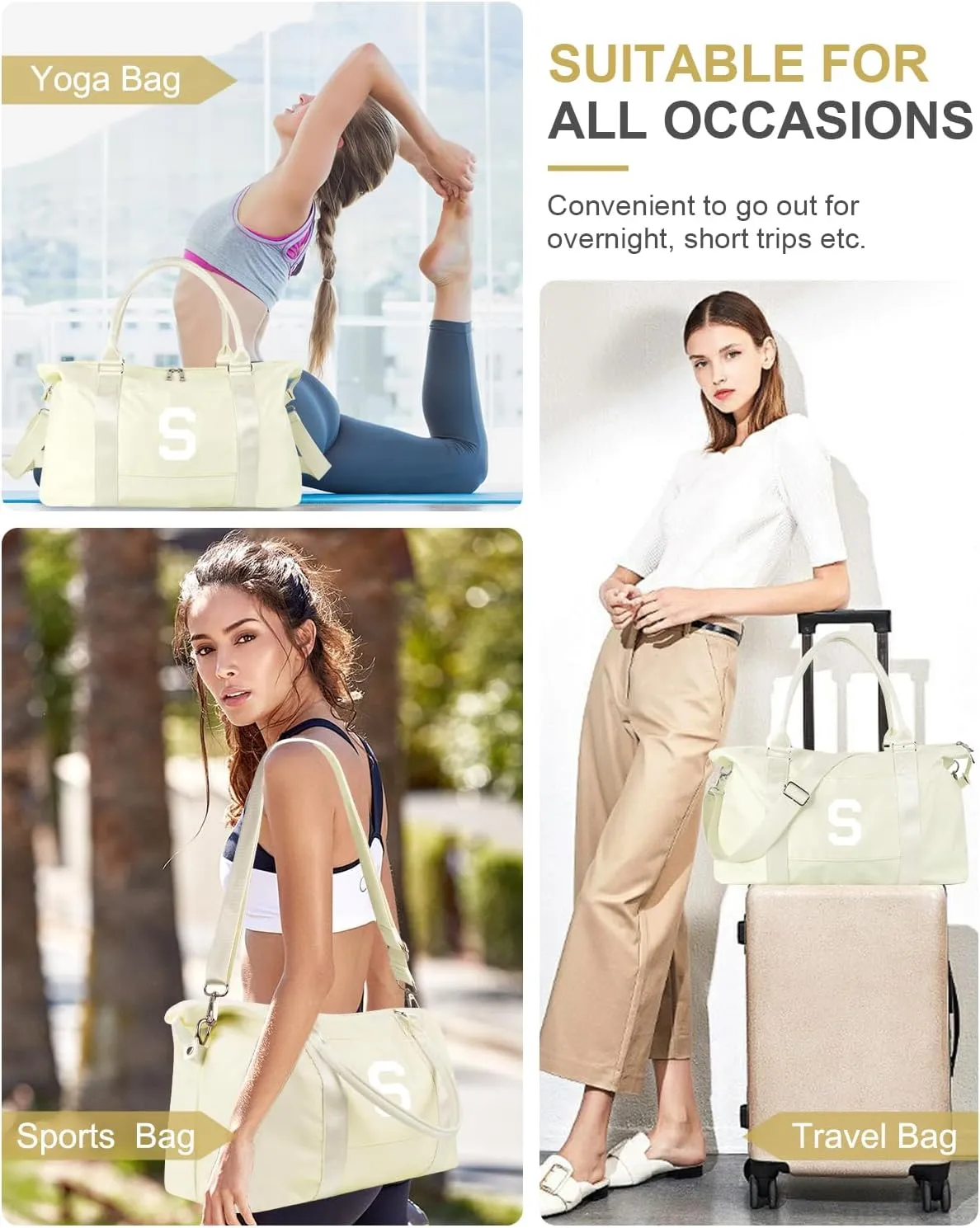Initial Travel Duffel Bag Sports Gym Bag for Kids Teen Birthday Gifts,Beige Personalized Weekender Bag Carry On Dance Bags for Women Men,Waterproof Monogram Overnight Bag with Trolley Sleeve(Letter S)