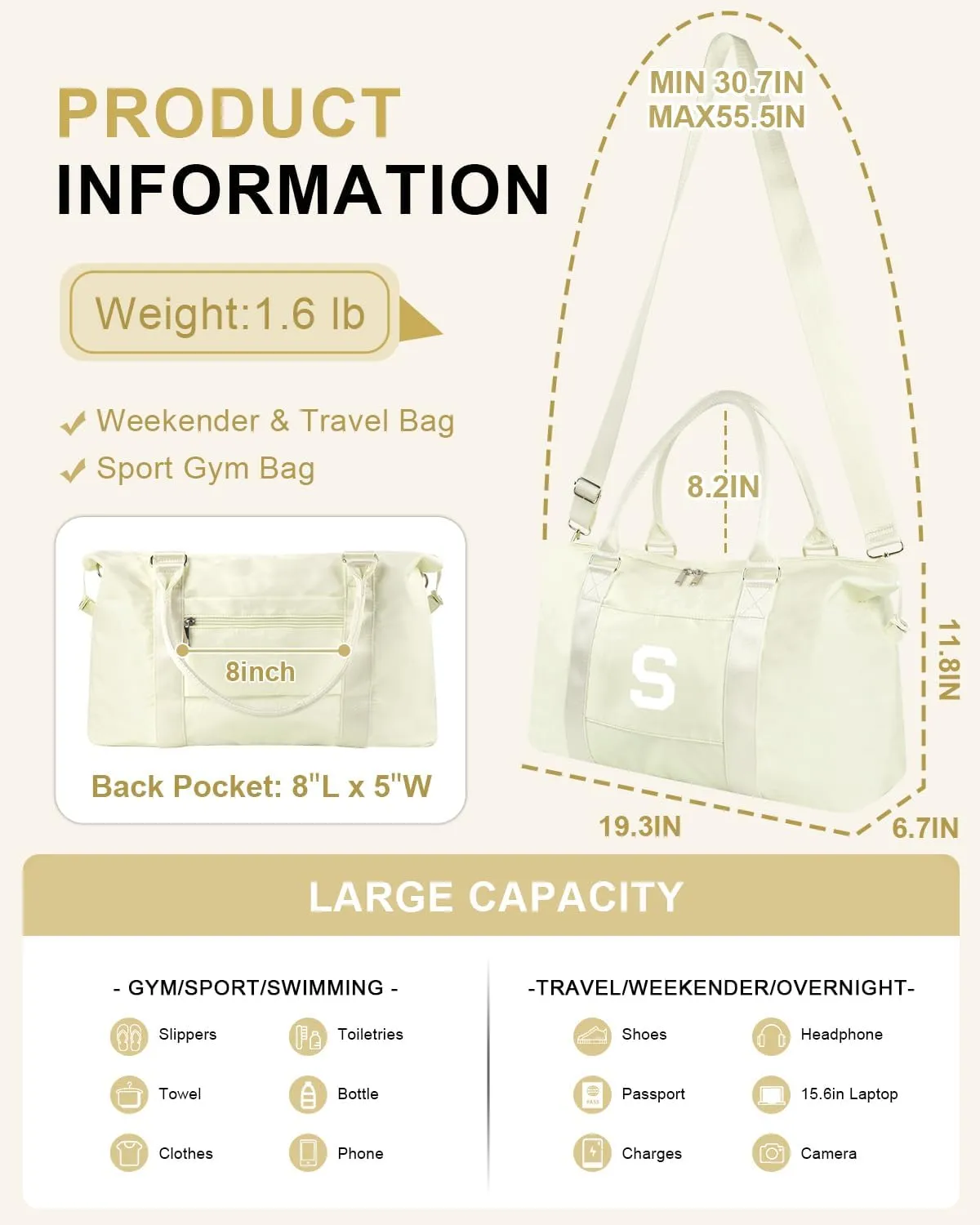 Initial Travel Duffel Bag Sports Gym Bag for Kids Teen Birthday Gifts,Beige Personalized Weekender Bag Carry On Dance Bags for Women Men,Waterproof Monogram Overnight Bag with Trolley Sleeve(Letter S)