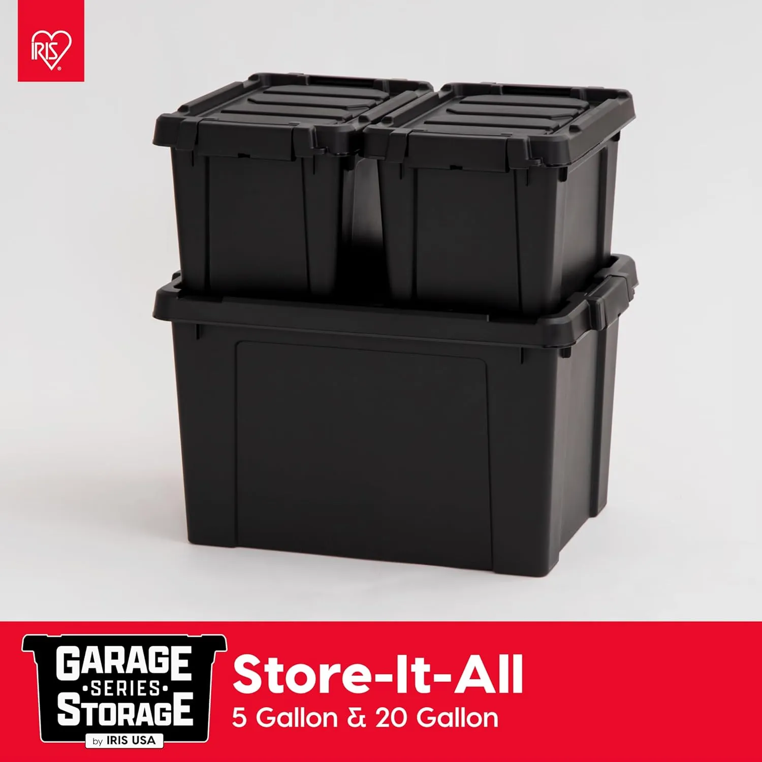 IRIS USA 20 Gallon Lockable Storage Bins with Lids, 6 Pack - Made in USA, Heavy Duty, Stackable Containers, Garage Organizing Bins Moving Tubs, Rugged Sturdy Equipment Utility Box - Black