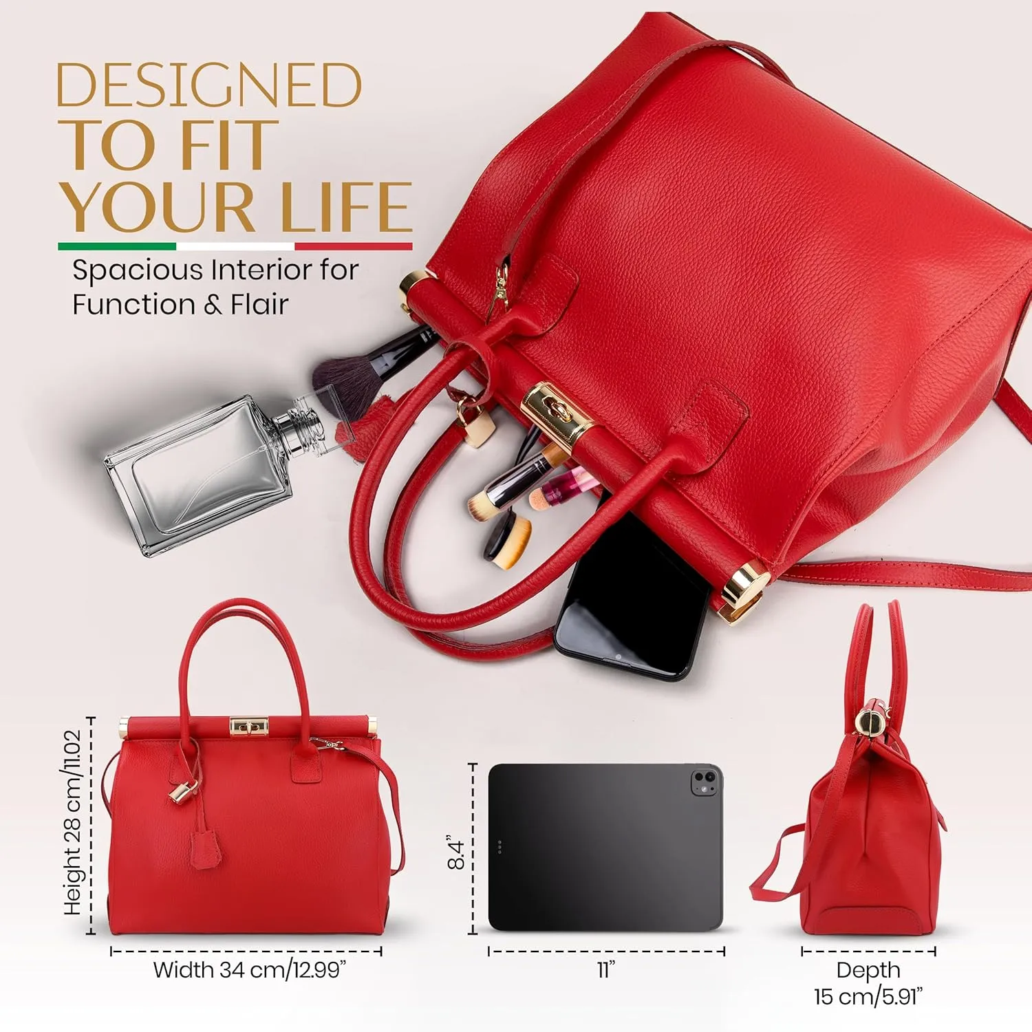 Italian Leather Handbags for Women - Spacious Interior, Durable Hardware, Crossbody Strap, Handmade