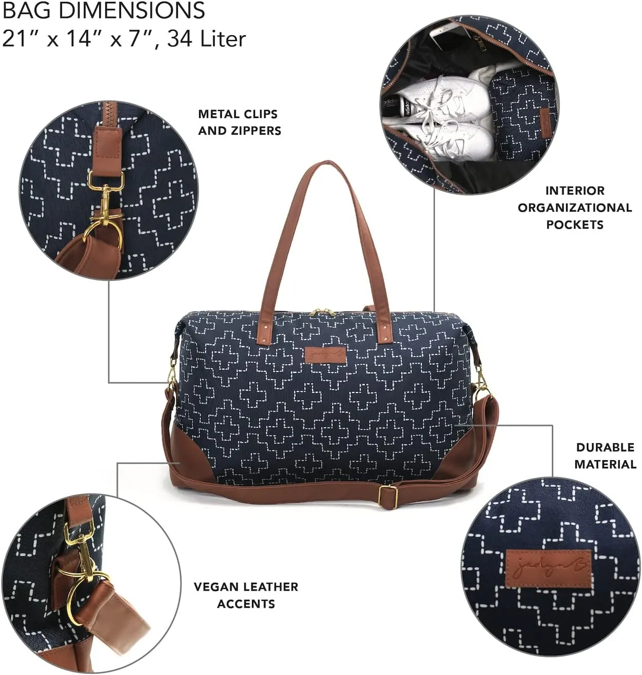 Jadyn Luna Women's Weekender Bag and Travel Duffel, Large 37 Liter Capacity (Sashiko)