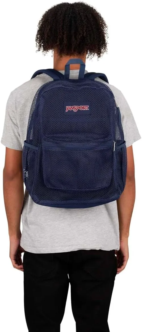 JanSport Eco Mesh Backpack, Red Tape, 17” x 12.5” x 6” - Large Semi-Transparent Bag for Adults with Laptop Sleeve, Padded Back Panel, Navy