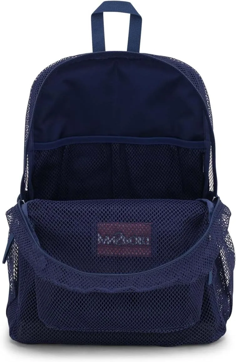 JanSport Eco Mesh Backpack, Red Tape, 17” x 12.5” x 6” - Large Semi-Transparent Bag for Adults with Laptop Sleeve, Padded Back Panel, Navy