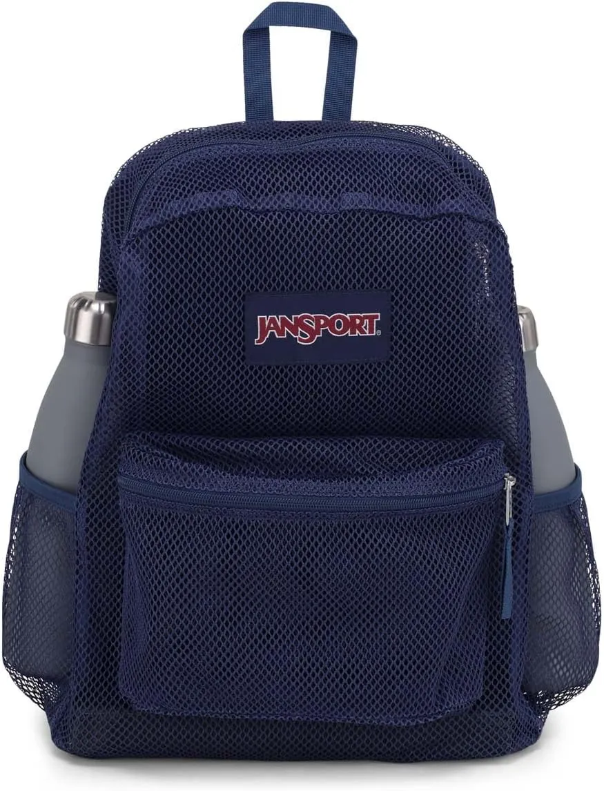 JanSport Eco Mesh Backpack, Red Tape, 17” x 12.5” x 6” - Large Semi-Transparent Bag for Adults with Laptop Sleeve, Padded Back Panel, Navy