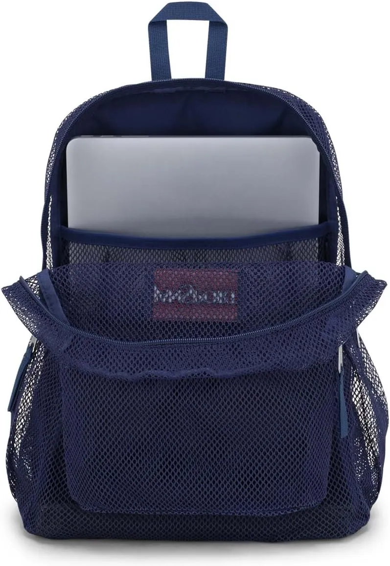 JanSport Eco Mesh Backpack, Red Tape, 17” x 12.5” x 6” - Large Semi-Transparent Bag for Adults with Laptop Sleeve, Padded Back Panel, Navy