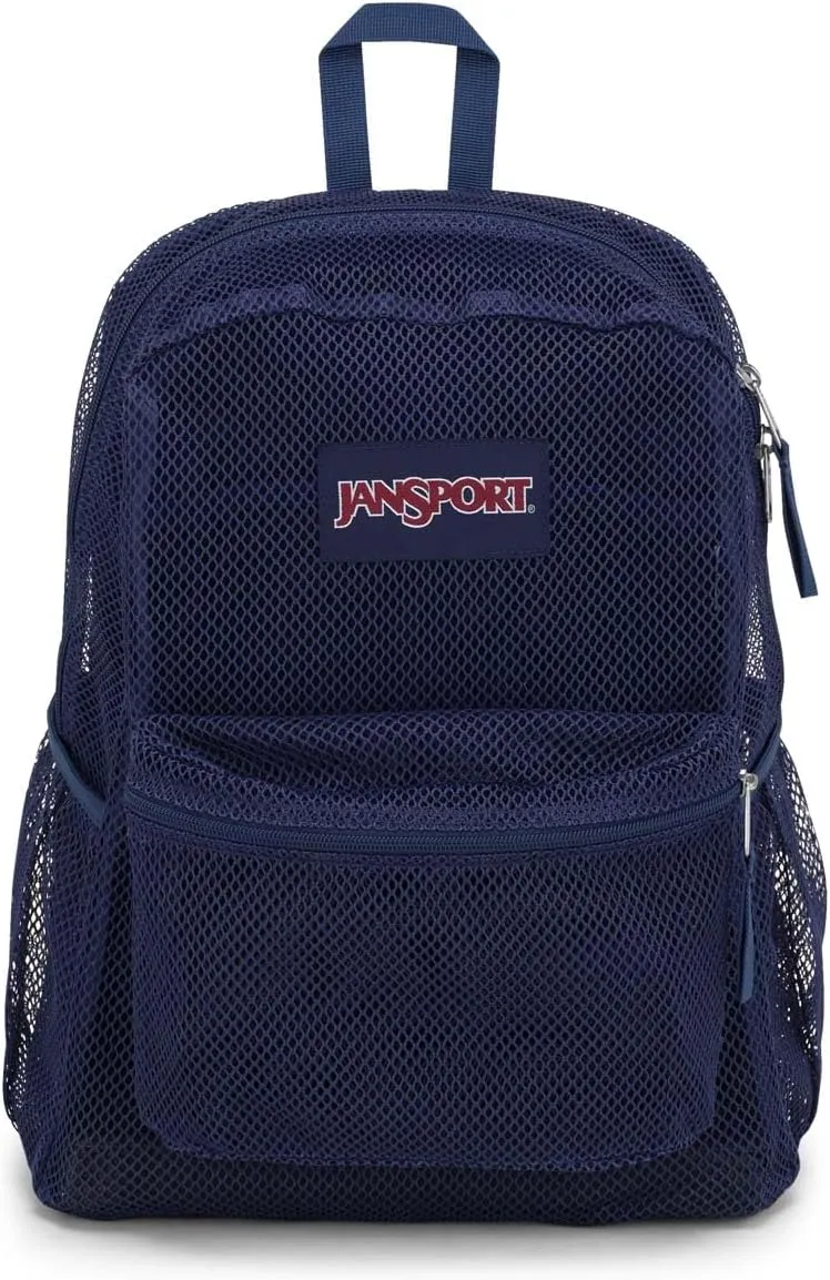 JanSport Eco Mesh Backpack, Red Tape, 17” x 12.5” x 6” - Large Semi-Transparent Bag for Adults with Laptop Sleeve, Padded Back Panel, Navy