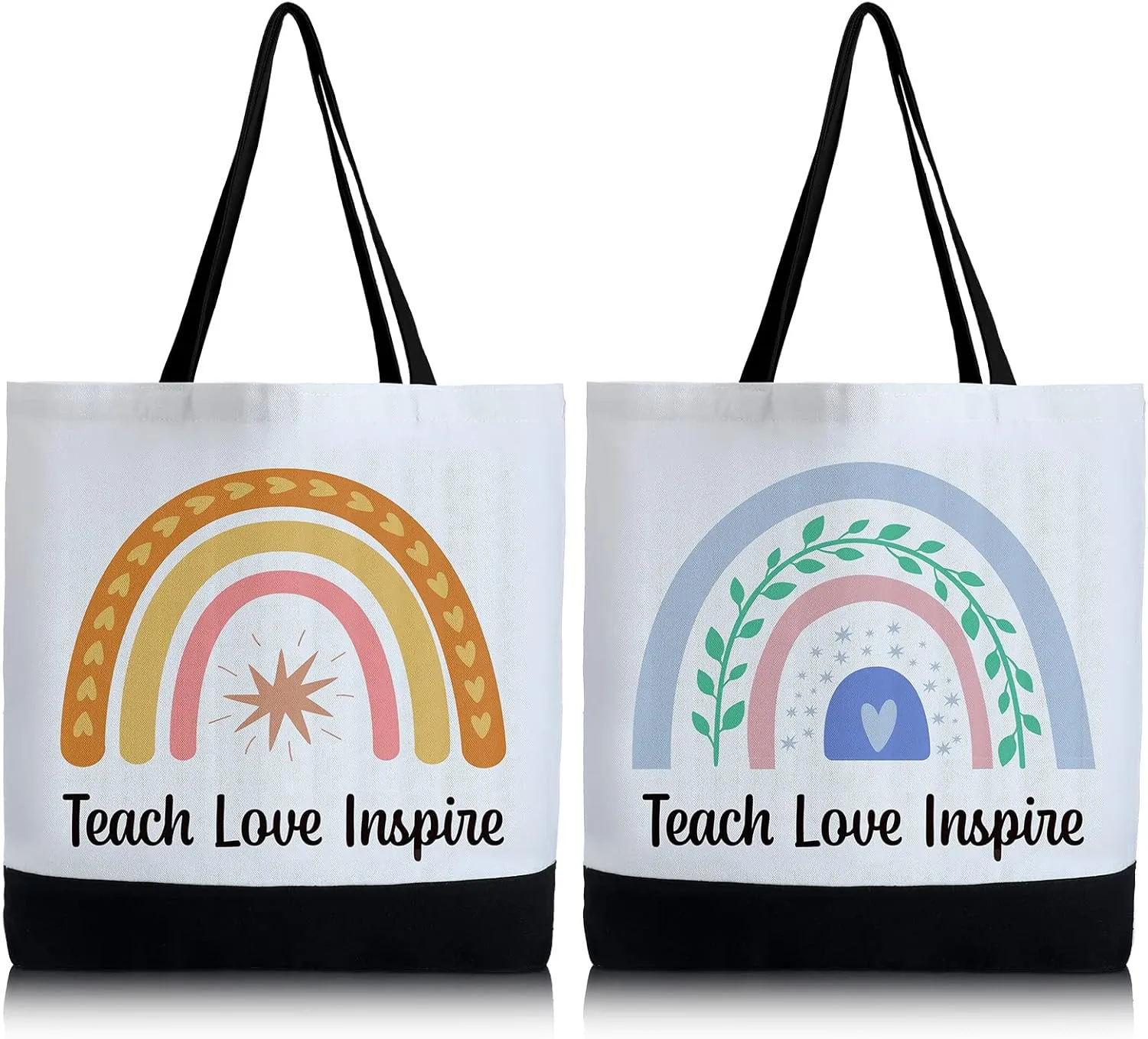 Jutom 2 Pack Teacher Canvas Totes Bag Teacher Appreciation Gifts Love Inspire Teach Rainbow Gift Bag Tote Handbags Reusable