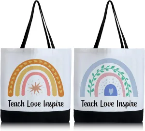 Jutom 2 Pack Teacher Canvas Totes Bag Teacher Appreciation Gifts Love Inspire Teach Rainbow Gift Bag Tote Handbags Reusable