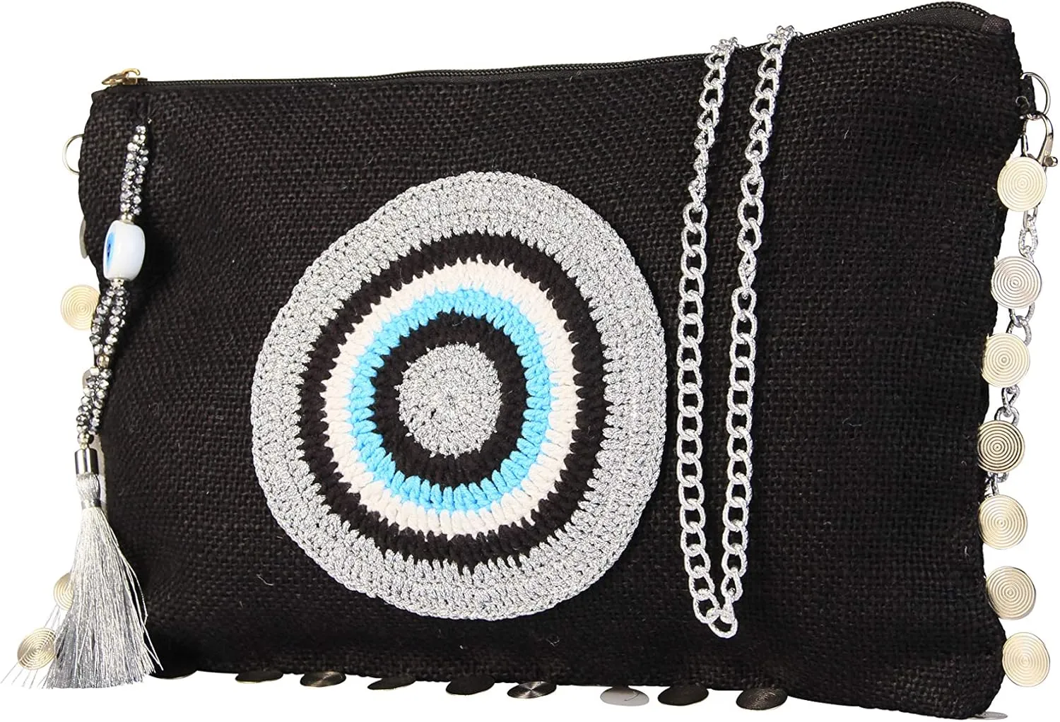 Karens Black-Silver Evil Eye Jute/Burlap Clutch Bag Beach bag Zipper (w/Chain)