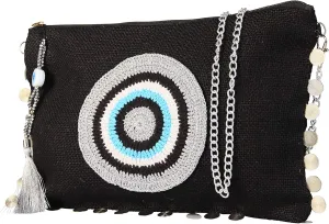 Karens Black-Silver Evil Eye Jute/Burlap Clutch Bag Beach bag Zipper (w/Chain)