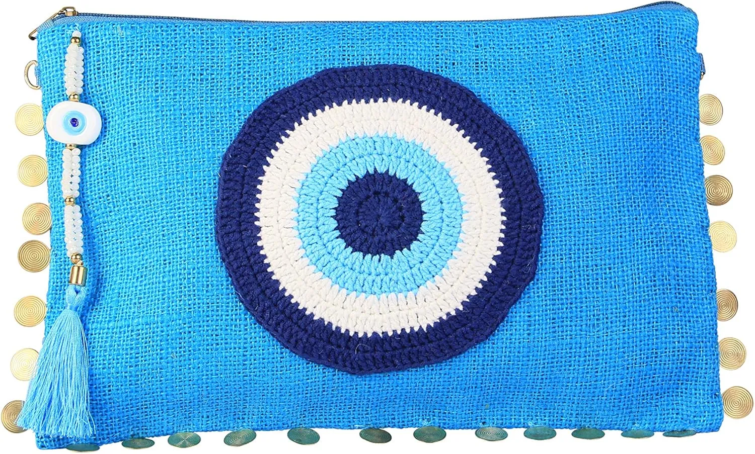 Karens Ege Evil Eye Jute/Burlap Clutch Bag for Women Beach Bag Zipper Closure with Crystals and Tassels (w/o Chain)