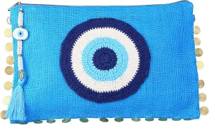 Karens Ege Evil Eye Jute/Burlap Clutch Bag for Women Beach Bag Zipper Closure with Crystals and Tassels (w/o Chain)