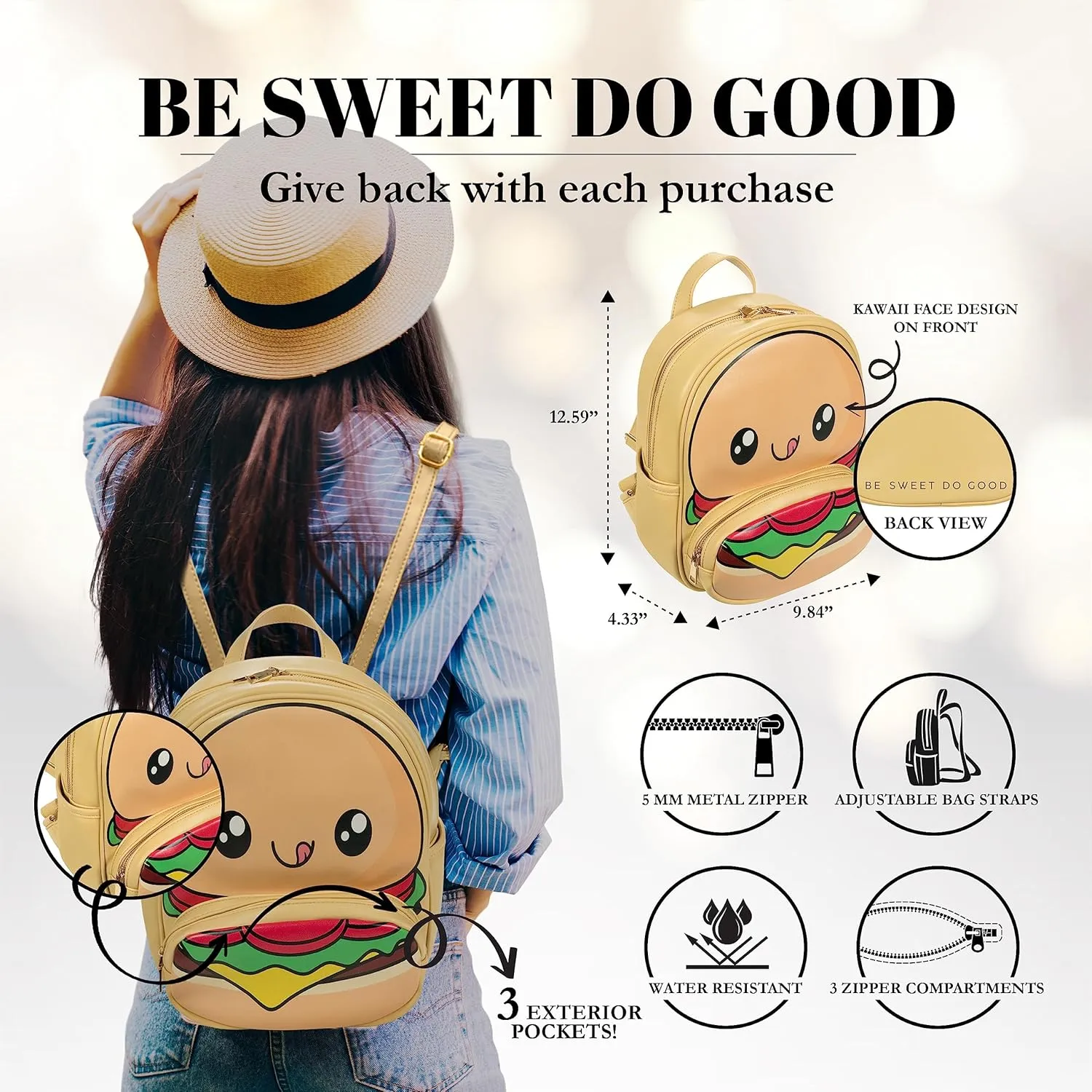 Kawaii Burger Backpack Purse | Women and Kids Fashion Backpack Purse | Faux Leather