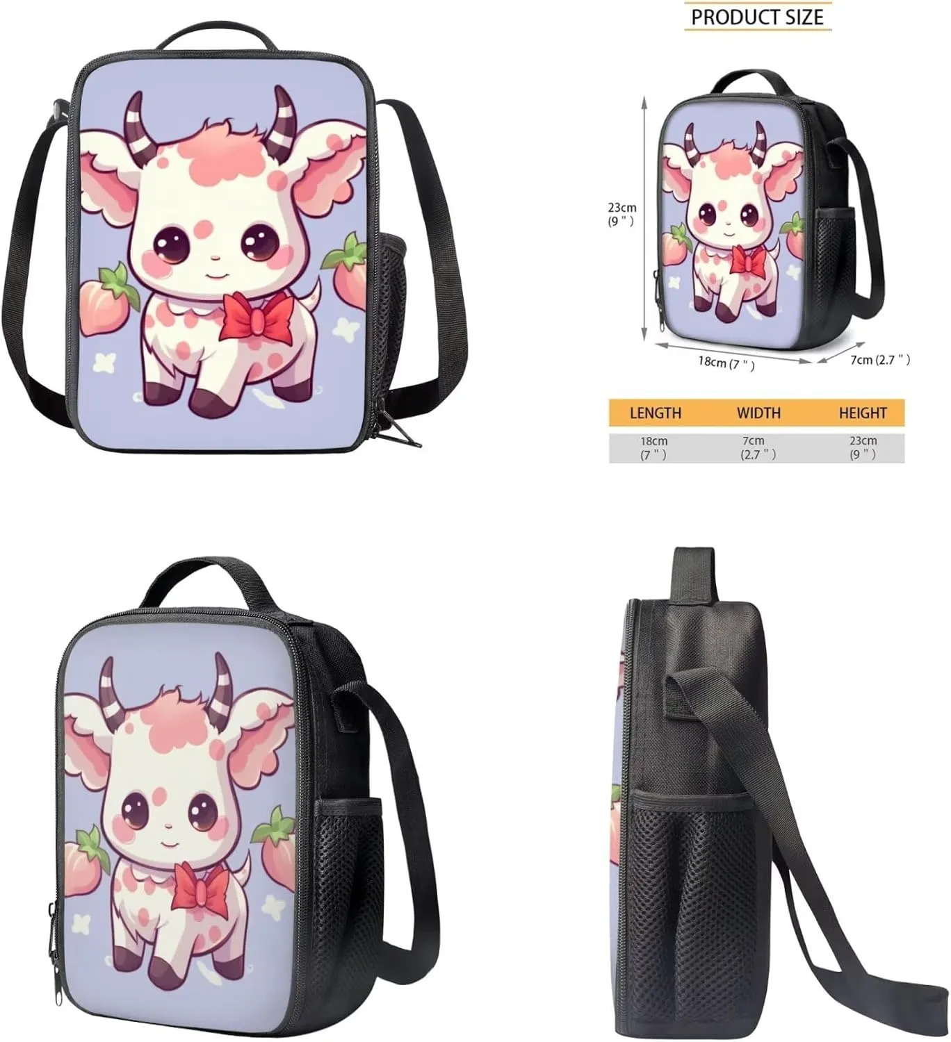 Kawaii Cow Backpacks for Boys with Lunch Box Multi-Functional Shoulder Bag for School Teens Leakproof Freezable Lunch Bag with Strap for Picnic Shopping Hiking