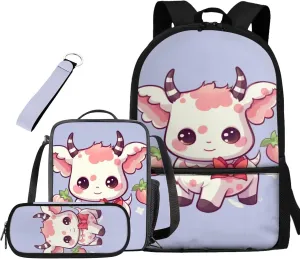 Kawaii Cow Backpacks for Boys with Lunch Box Multi-Functional Shoulder Bag for School Teens Leakproof Freezable Lunch Bag with Strap for Picnic Shopping Hiking
