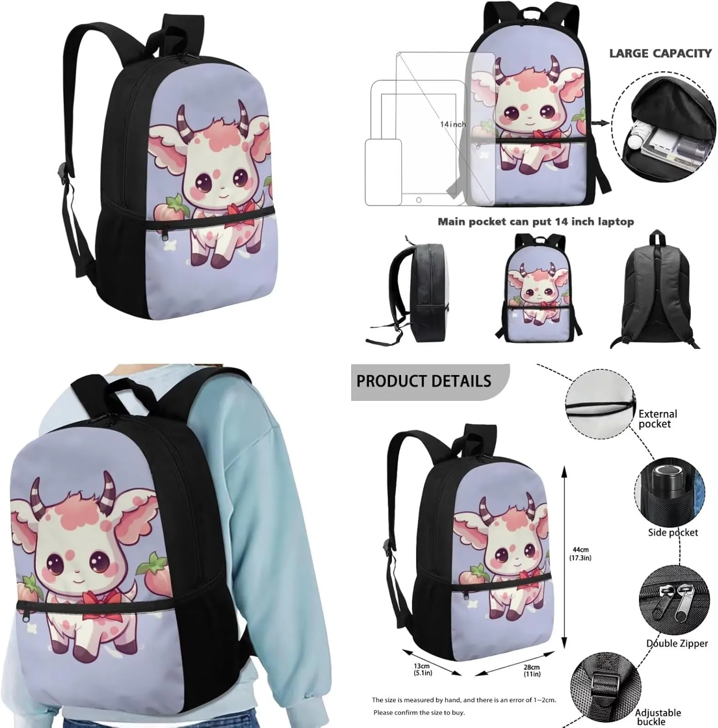Kawaii Cow Backpacks for Boys with Lunch Box Multi-Functional Shoulder Bag for School Teens Leakproof Freezable Lunch Bag with Strap for Picnic Shopping Hiking