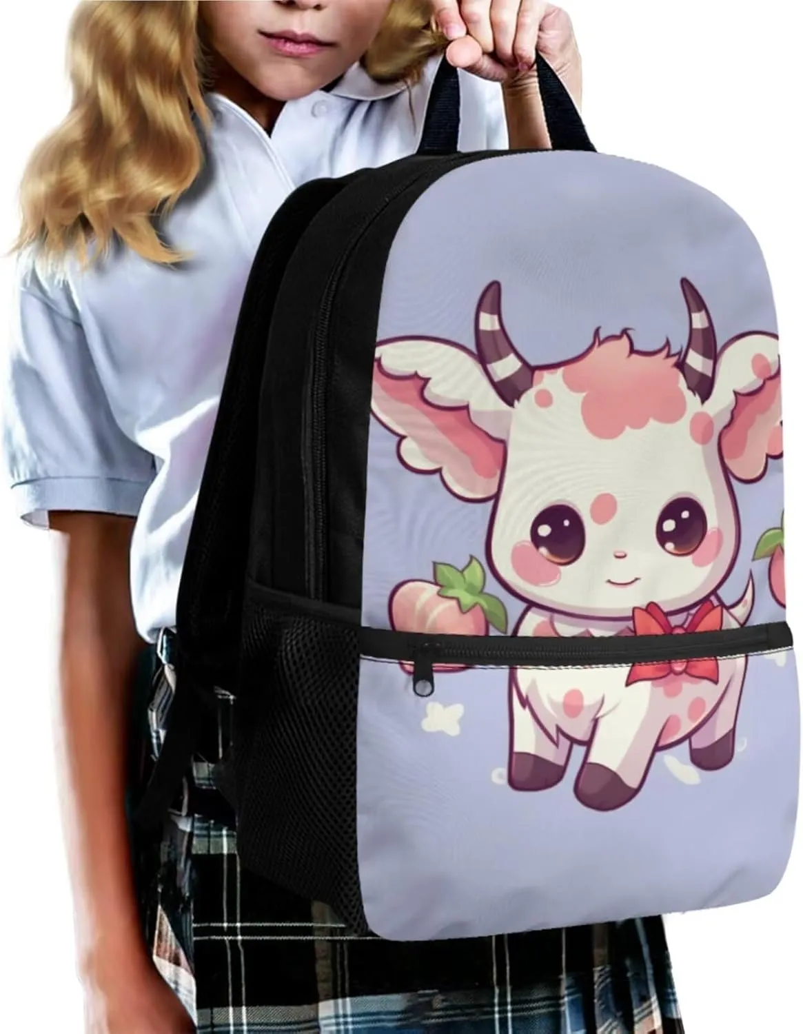 Kawaii Cow Backpacks for Boys with Lunch Box Multi-Functional Shoulder Bag for School Teens Leakproof Freezable Lunch Bag with Strap for Picnic Shopping Hiking