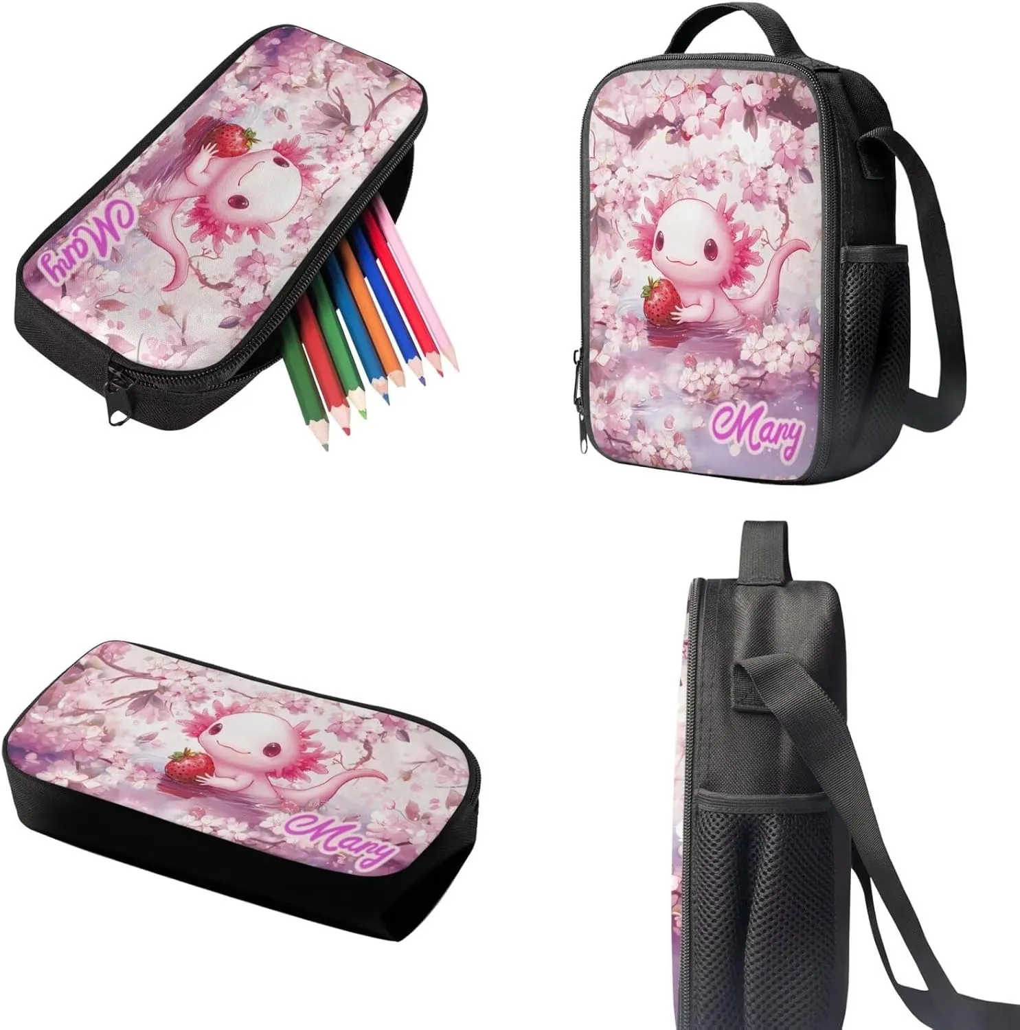 KEIAHUAN Axolotl Backpack for Girls School Cartoon Cute School Backpacks Classic Lightweight Bookbag Travel School Casual Daypack with Lunch Box Pencil Case