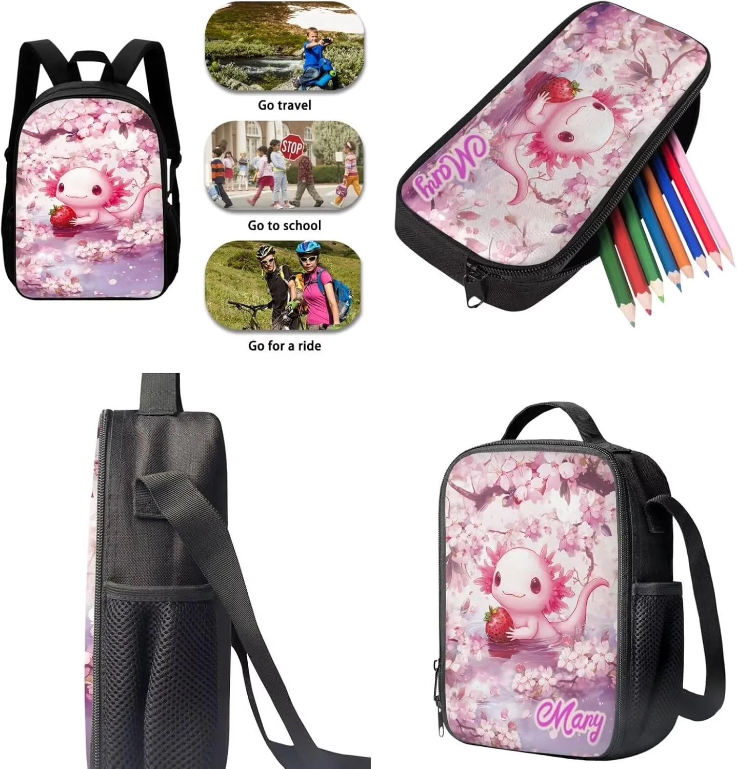 KEIAHUAN Axolotl Backpack for Girls School Cartoon Cute School Backpacks Classic Lightweight Bookbag Travel School Casual Daypack with Lunch Box Pencil Case