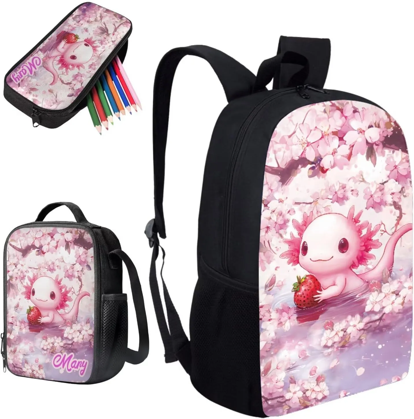 KEIAHUAN Axolotl Backpack for Girls School Cartoon Cute School Backpacks Classic Lightweight Bookbag Travel School Casual Daypack with Lunch Box Pencil Case
