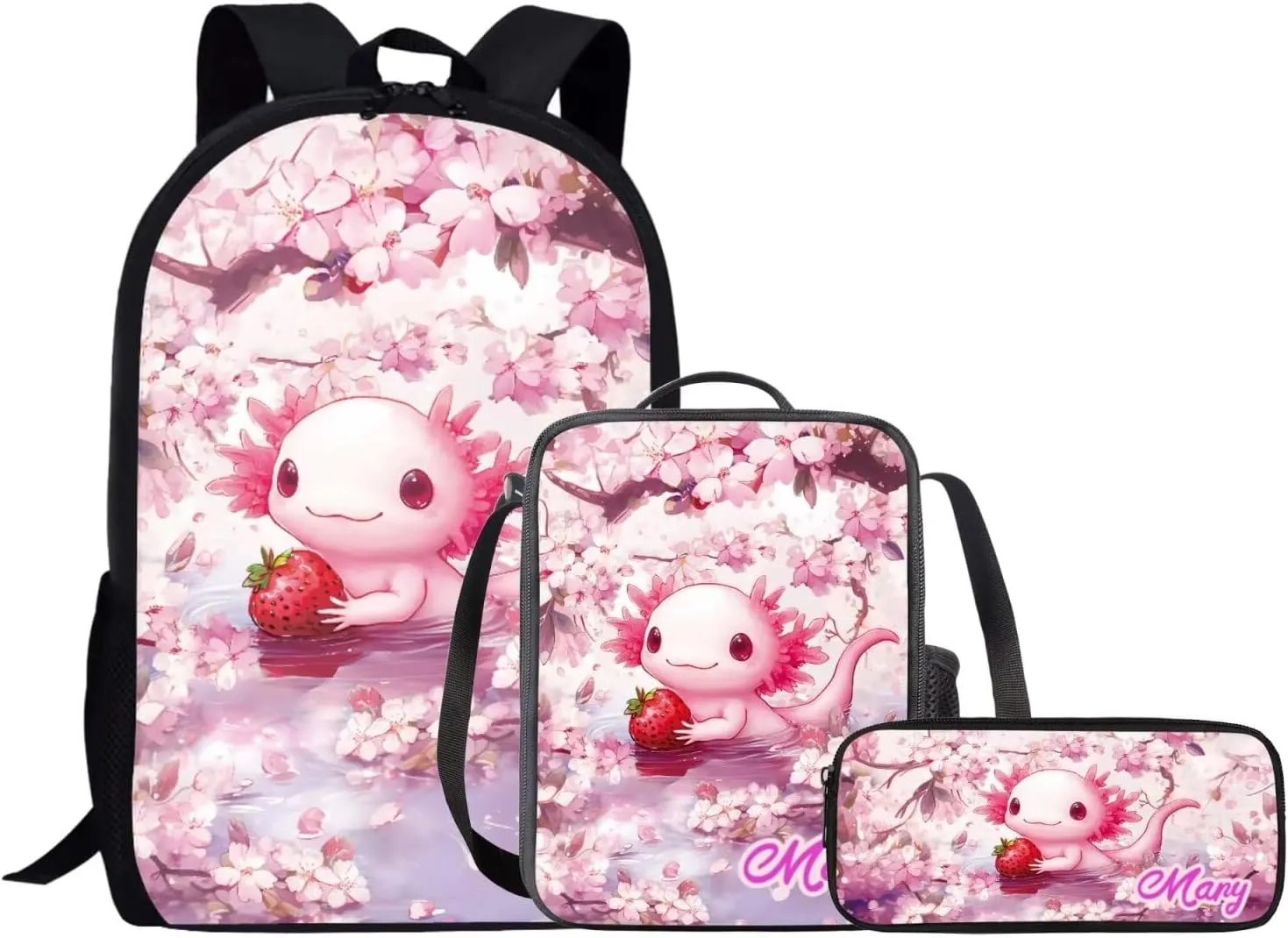 KEIAHUAN Axolotl Backpack for Girls School Cartoon Cute School Backpacks Classic Lightweight Bookbag Travel School Casual Daypack with Lunch Box Pencil Case