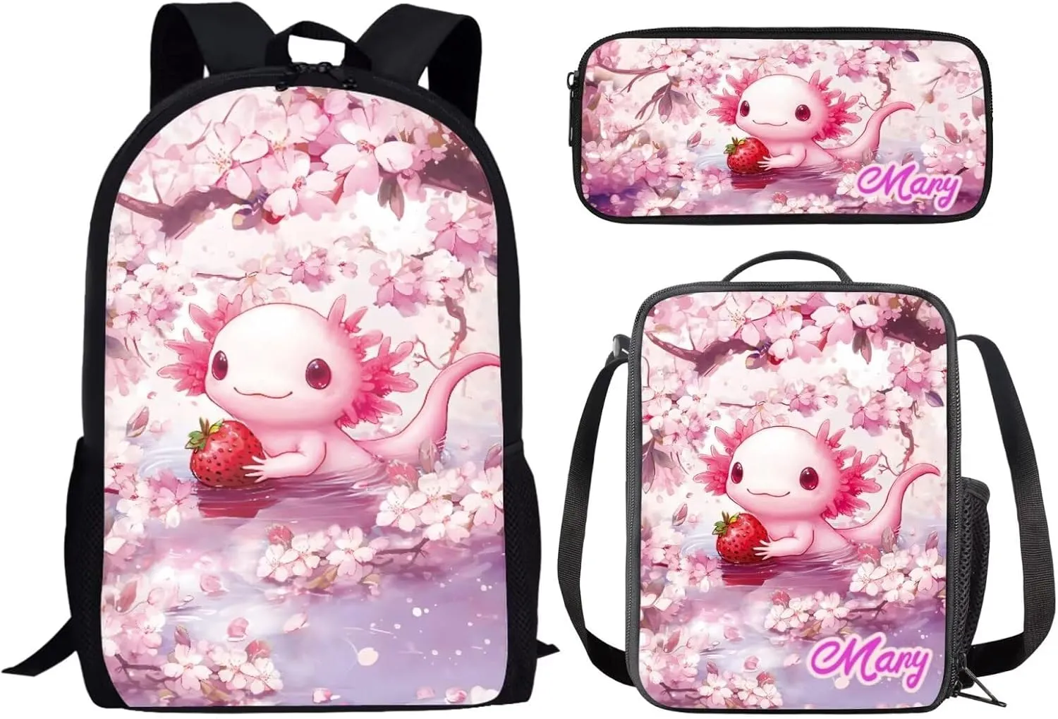 KEIAHUAN Axolotl Backpack for Girls School Cartoon Cute School Backpacks Classic Lightweight Bookbag Travel School Casual Daypack with Lunch Box Pencil Case