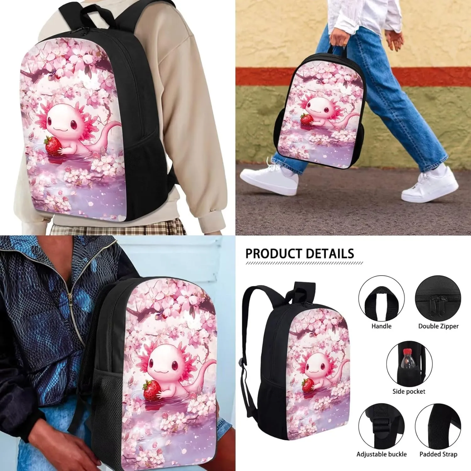 KEIAHUAN Axolotl Backpack for Girls School Cartoon Cute School Backpacks Classic Lightweight Bookbag Travel School Casual Daypack with Lunch Box Pencil Case