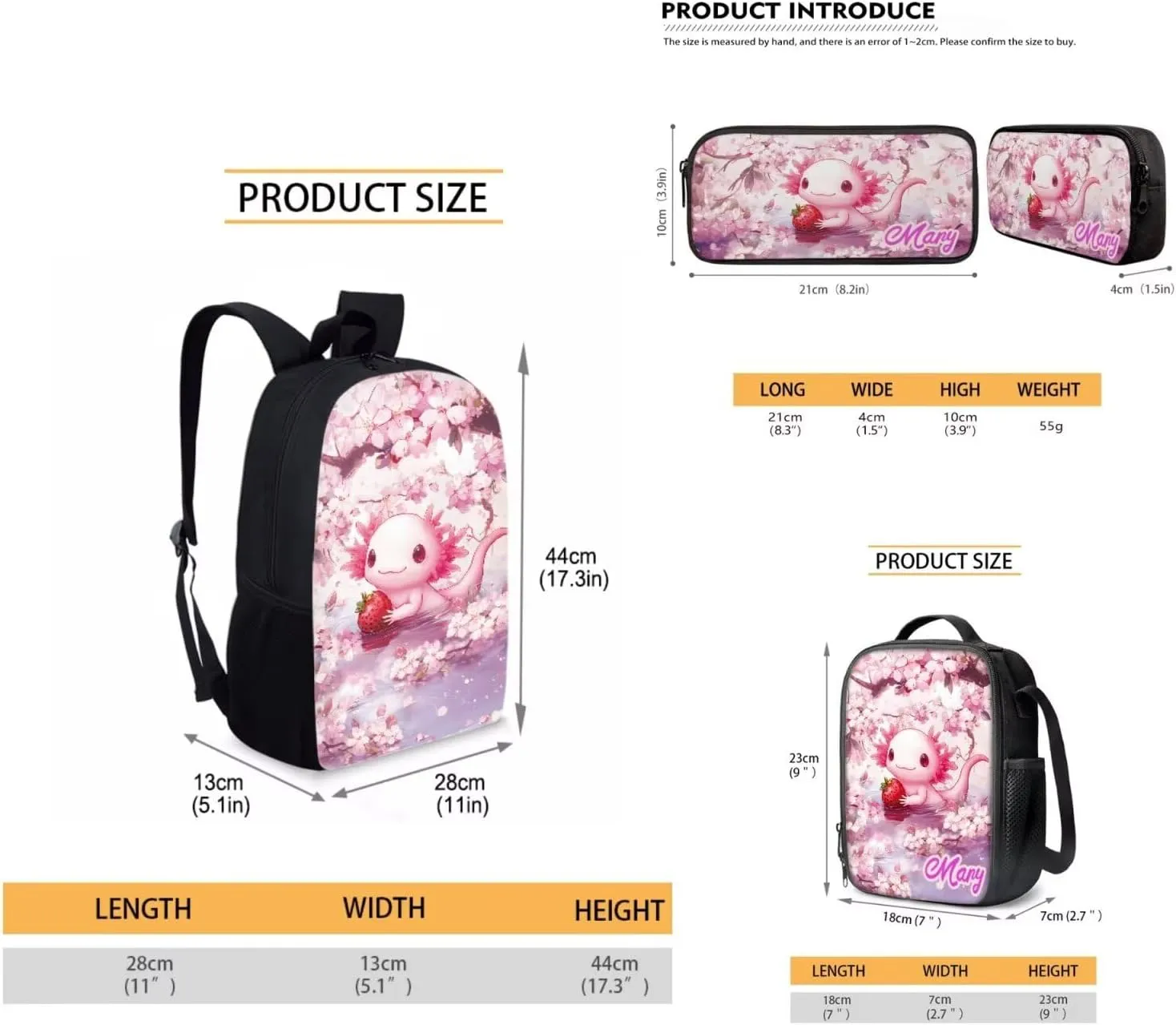 KEIAHUAN Axolotl Backpack for Girls School Cartoon Cute School Backpacks Classic Lightweight Bookbag Travel School Casual Daypack with Lunch Box Pencil Case