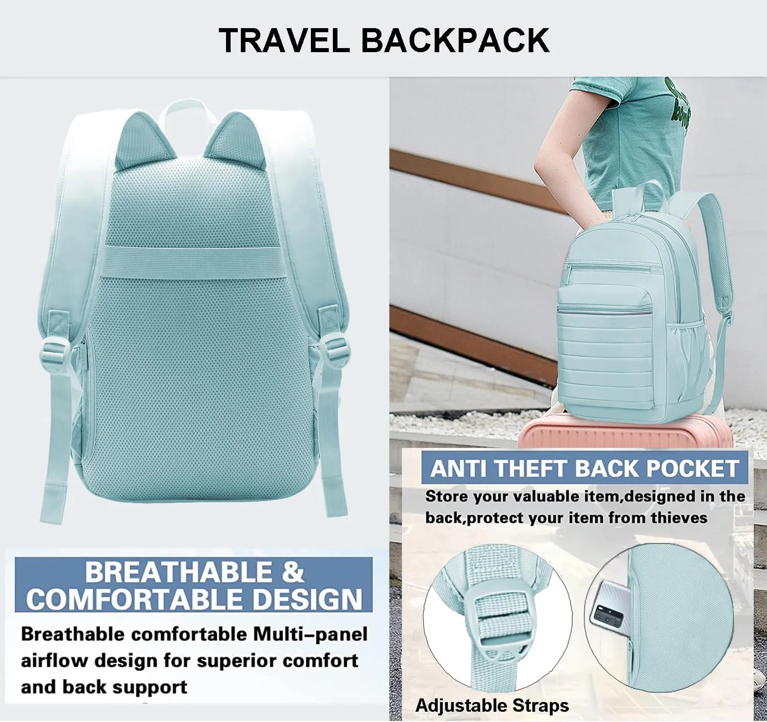 KEOFID Travel Backpack for Women Carry-On, Backpack Purse for Women, Anti-Theft Womens backpacks, School Backpacks for Boys and Girls, Casual Back pack for College, Bookbag(Light Green)
