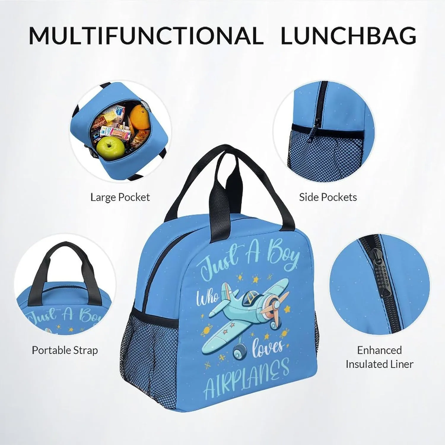 Kids Backpack with Lunch Box - Cartoon Airplane Preppy Backpack for School - Lightweight Blue Travel Backpacks for Boys