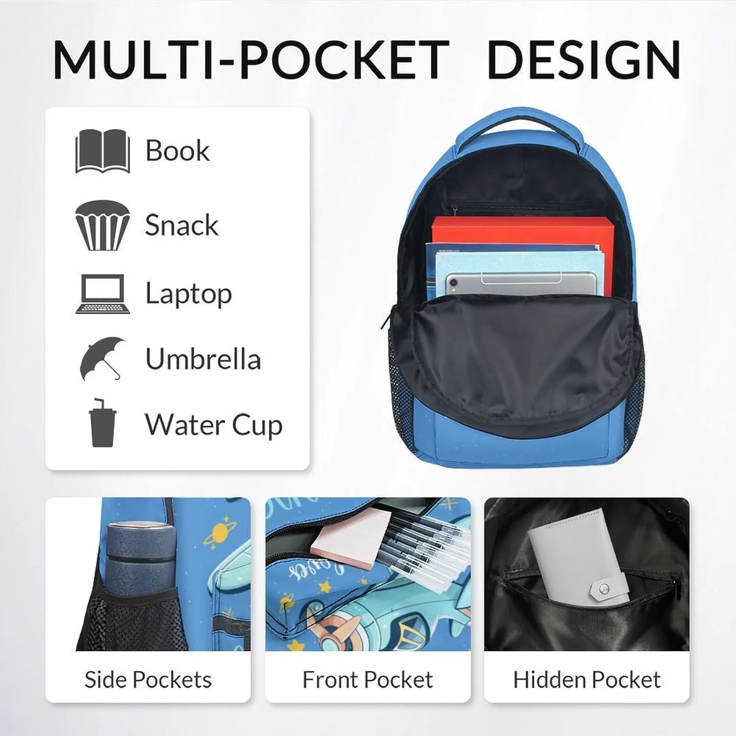 Kids Backpack with Lunch Box - Cartoon Airplane Preppy Backpack for School - Lightweight Blue Travel Backpacks for Boys