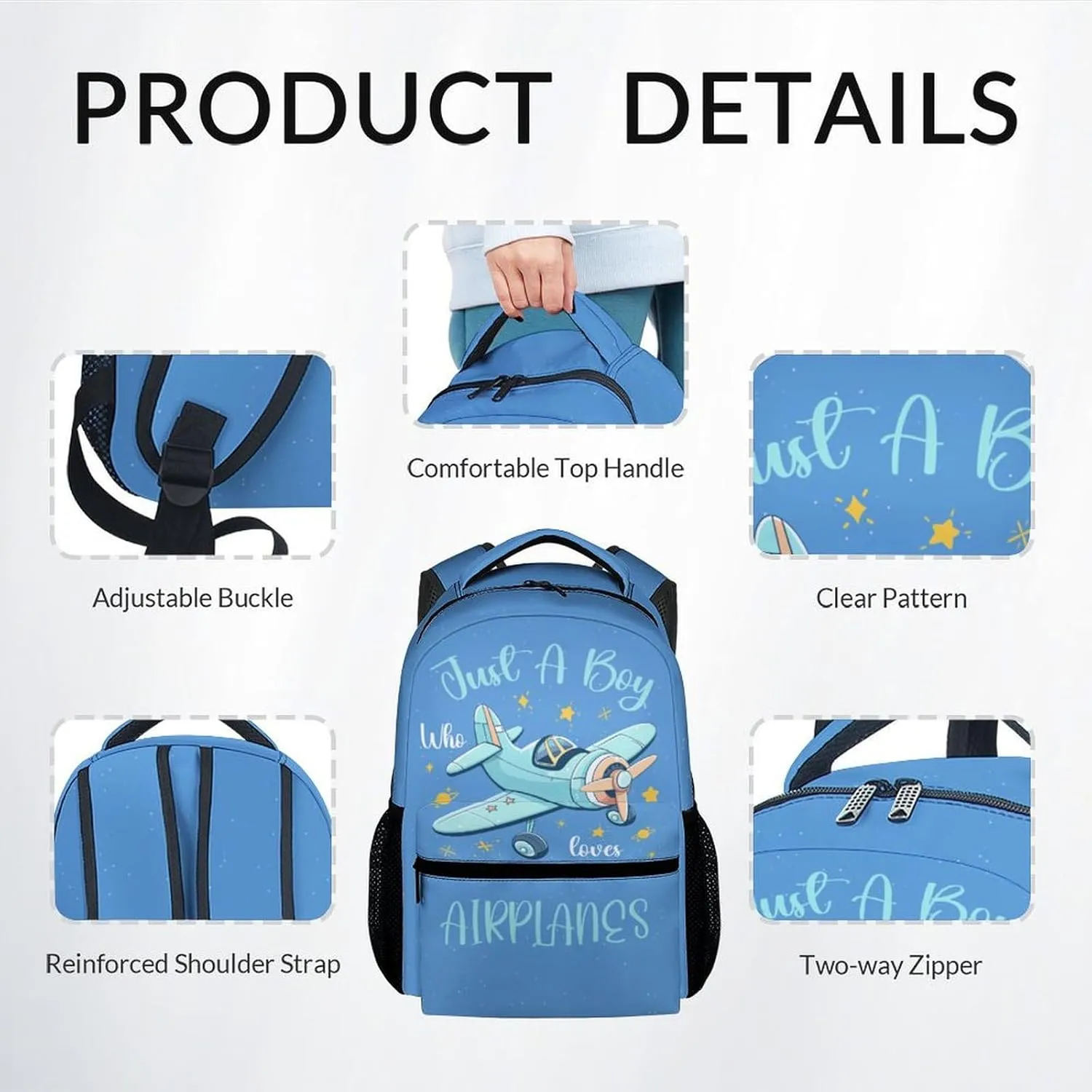Kids Backpack with Lunch Box - Cartoon Airplane Preppy Backpack for School - Lightweight Blue Travel Backpacks for Boys