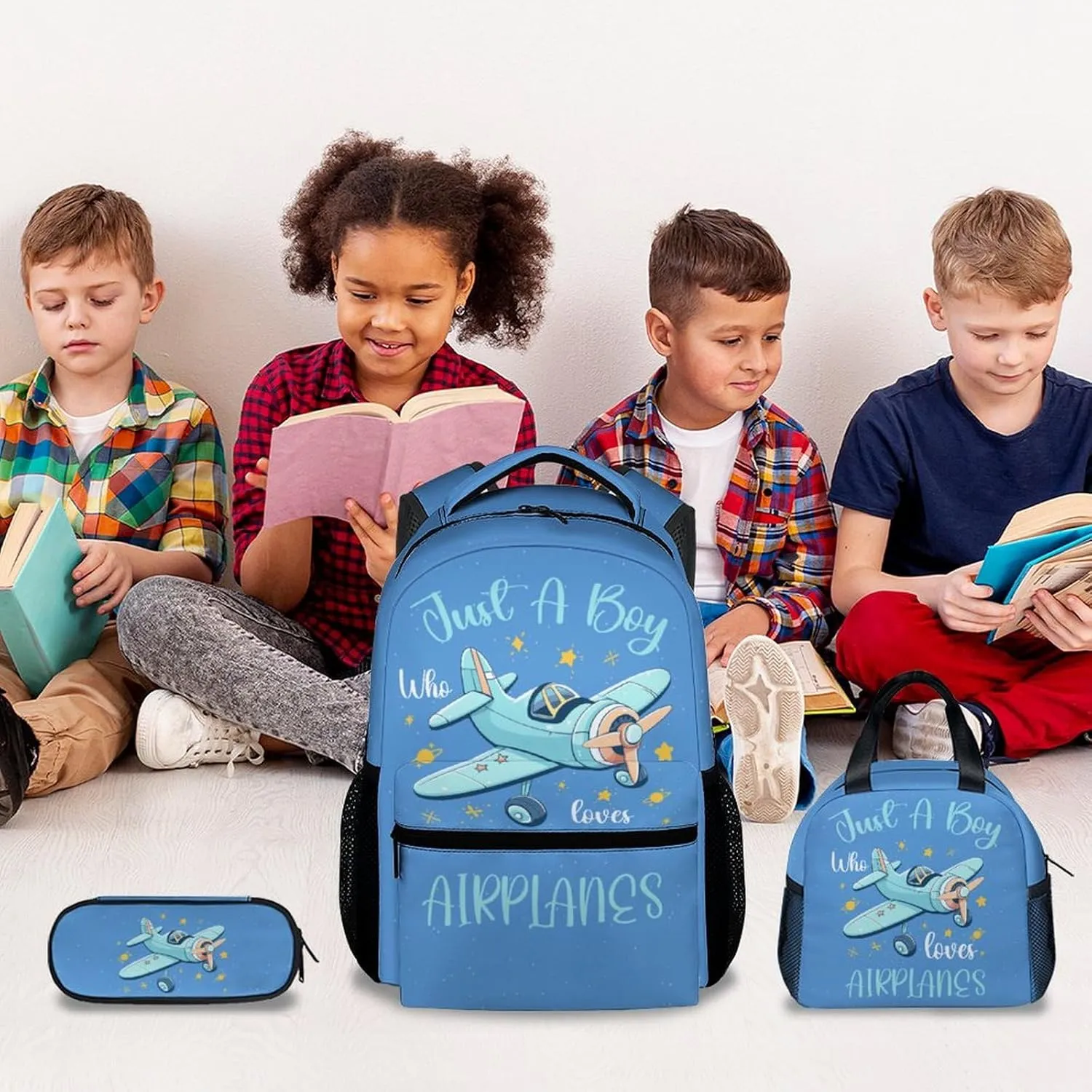 Kids Backpack with Lunch Box - Cartoon Airplane Preppy Backpack for School - Lightweight Blue Travel Backpacks for Boys