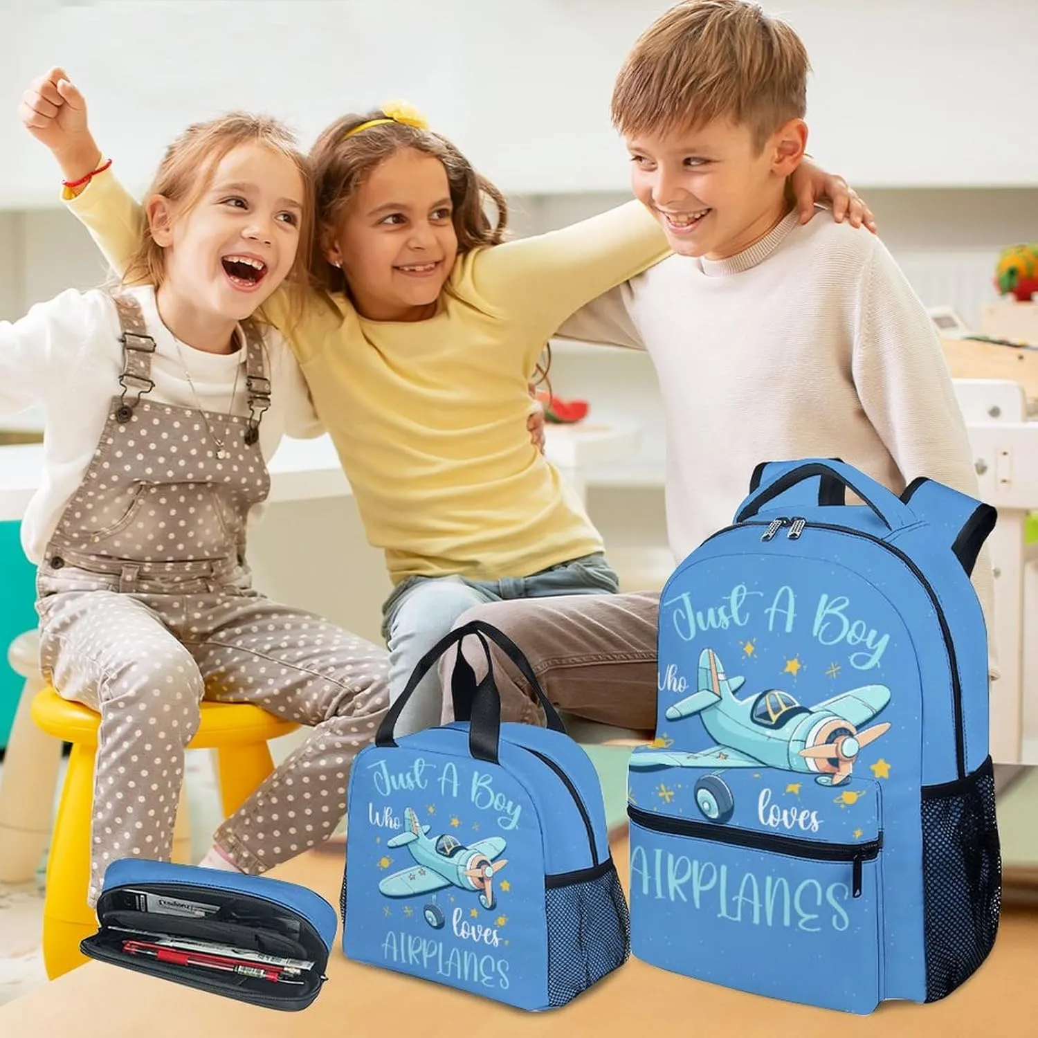 Kids Backpack with Lunch Box - Cartoon Airplane Preppy Backpack for School - Lightweight Blue Travel Backpacks for Boys