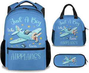 Kids Backpack with Lunch Box - Cartoon Airplane Preppy Backpack for School - Lightweight Blue Travel Backpacks for Boys